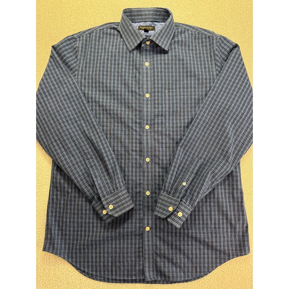 Banana Republic Non Iron Classic‎ Fit Shirt Mens L Blue Plaid Long Sleeve